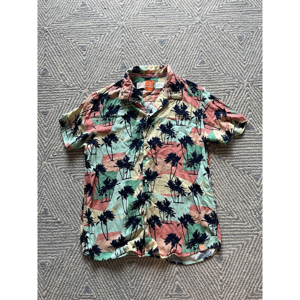 Free‎ Planet Short Sleeve Button Shirt - Palm Tree Multicolor Pattern - Medium -